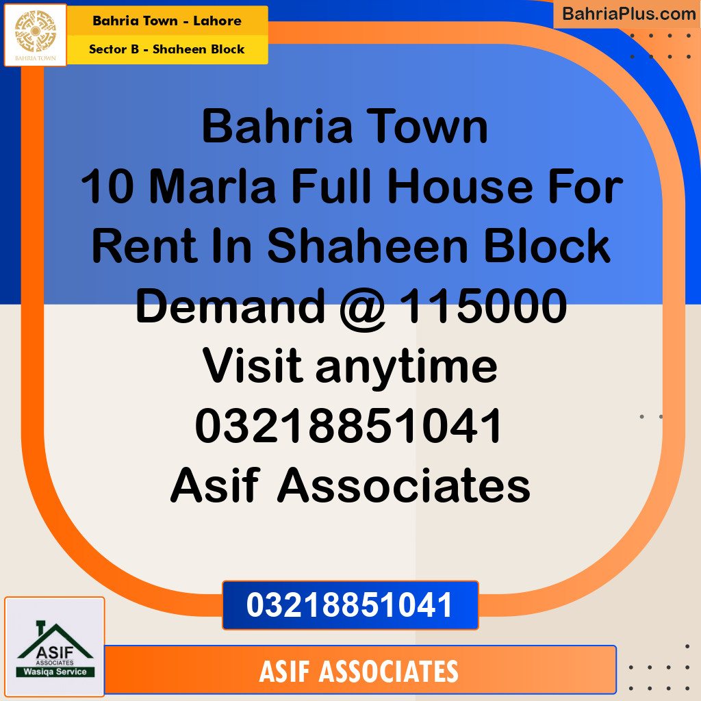 10 Marla Residential House for Rent in Sector B - Shaheen Block -  Bahria Town, Lahore - (BP-303500)
