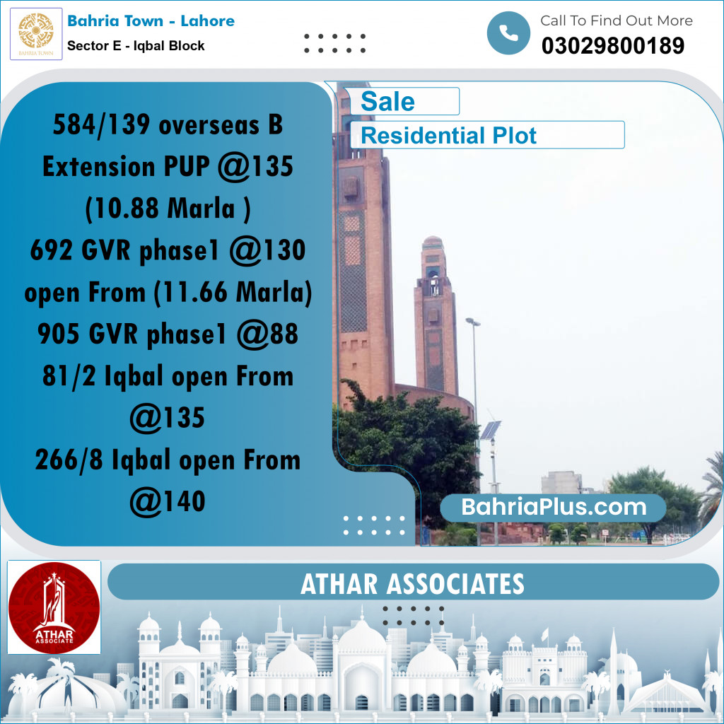 10 Marla Residential Plot for Sale in Sector E - Iqbal Block -  Bahria Town, Lahore - (BP-303566)