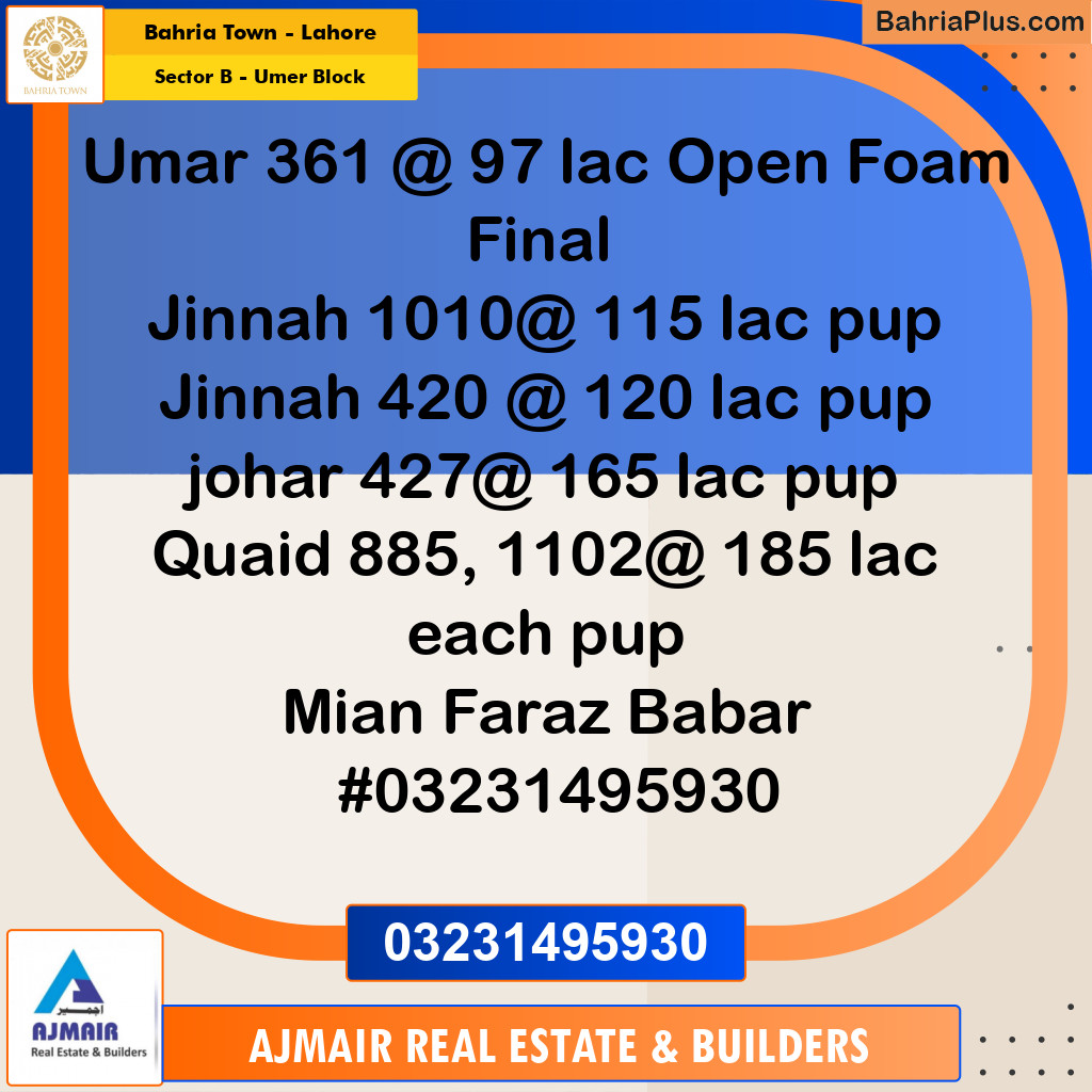 6 Marla Residential Plot for Sale in Sector B - Umer Block -  Bahria Town, Lahore - (BP-303646)