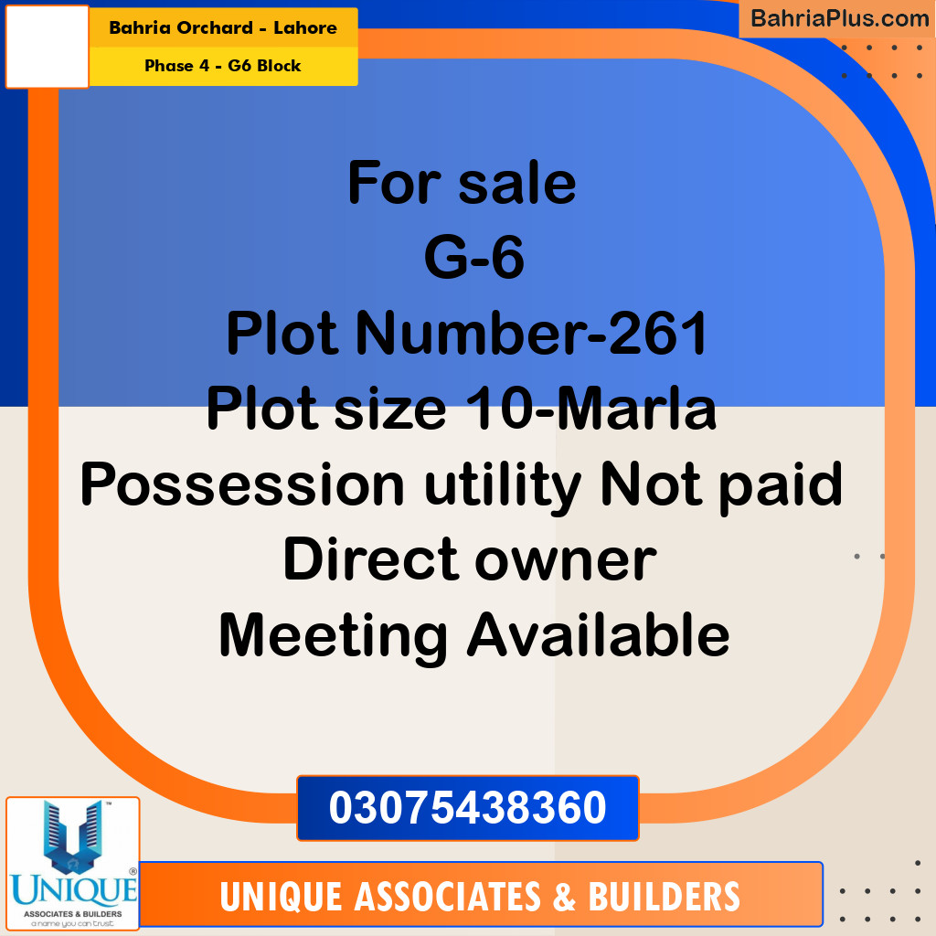 10 Marla Residential Plot for Sale in Phase 4 - G6 Block -  Bahria Orchard, Lahore - (BP-303727)