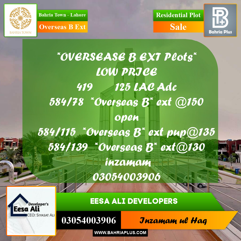 Residential Plot for Sale in Overseas B Ext -  Bahria Town, Lahore - (BP-303853)