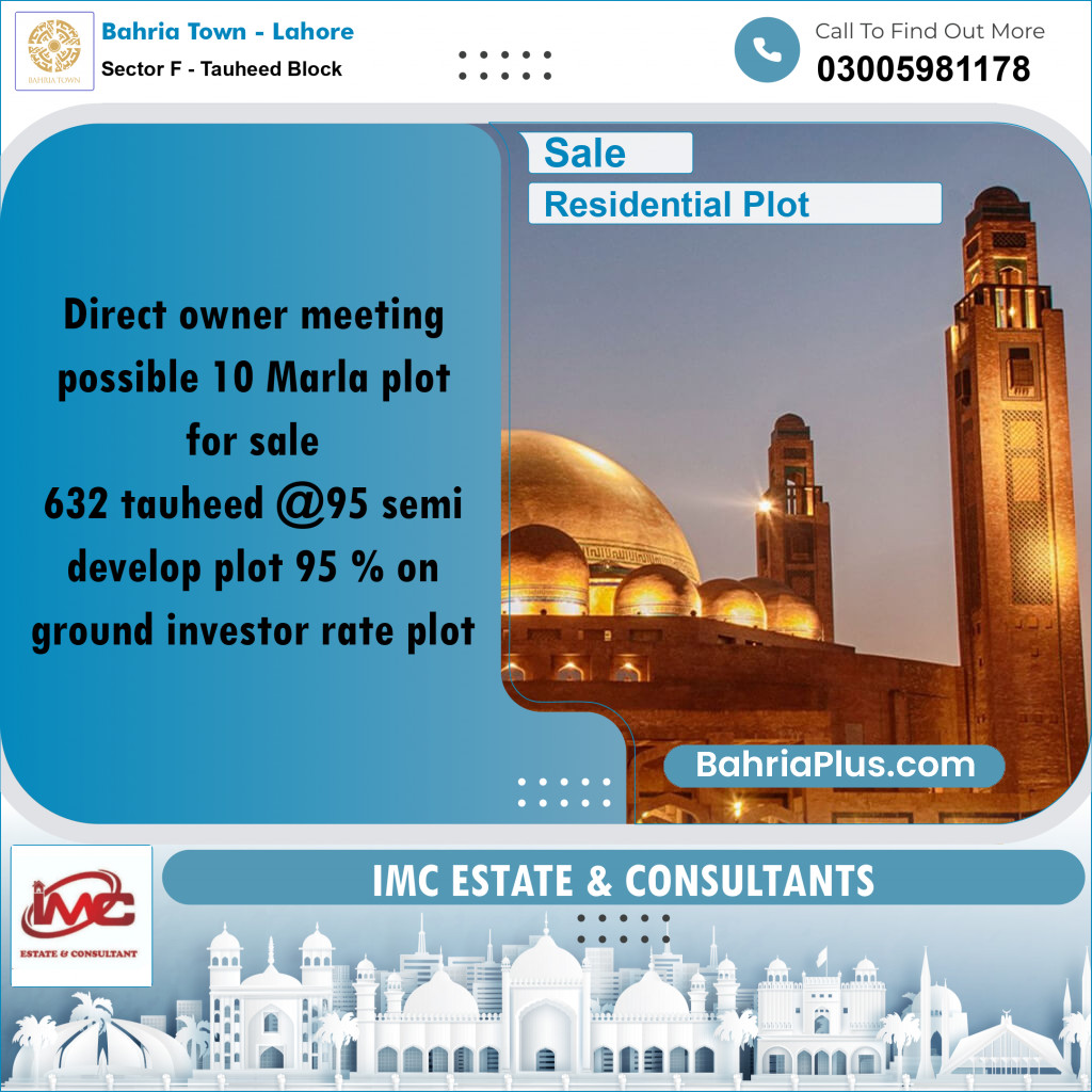10 Marla Residential Plot for Sale in Sector F - Tauheed Block -  Bahria Town, Lahore - (BP-303942)