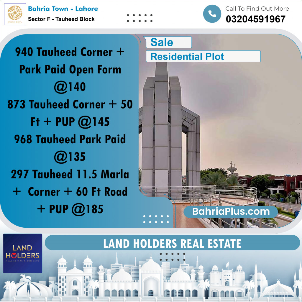10 Marla Residential Plot for Sale in Sector F - Tauheed Block -  Bahria Town, Lahore - (BP-303961)