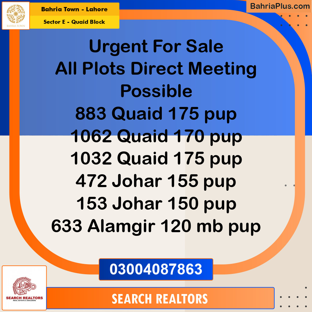 10 Marla Residential Plot for Sale in Sector E - Quaid Block -  Bahria Town, Lahore - (BP-304015)