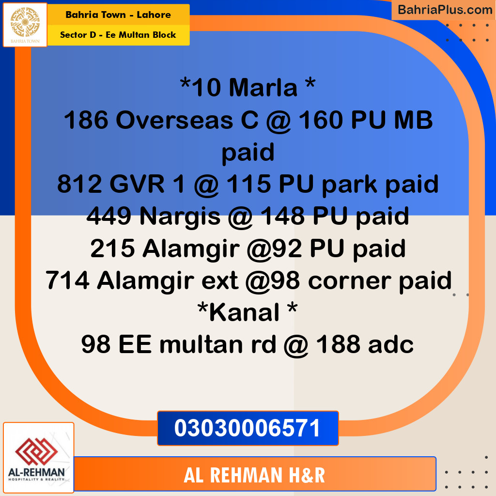 1 Kanal Residential Plot for Sale in Sector D - EE Multan Block -  Bahria Town, Lahore - (BP-304027)