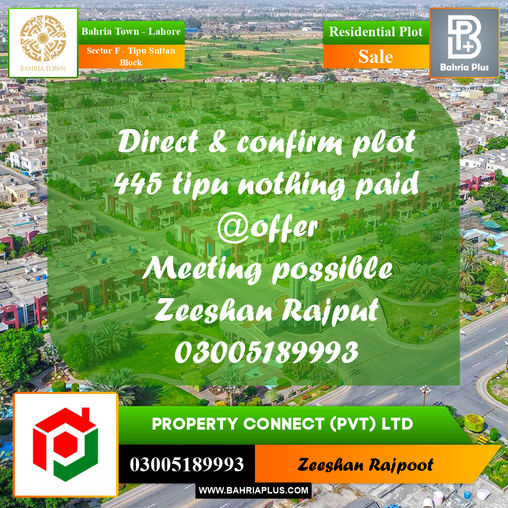Residential Plot for Sale in Sector F - Tipu Sultan Block -  Bahria Town, Lahore - (BP-304060)