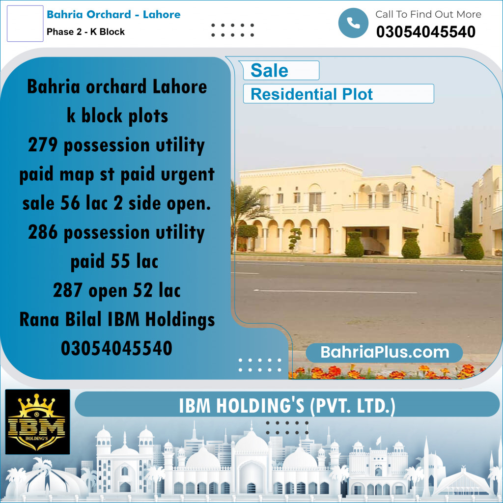 5 Marla Residential Plot for Sale in Phase 2 - K Block -  Bahria Orchard, Lahore - (BP-304173)