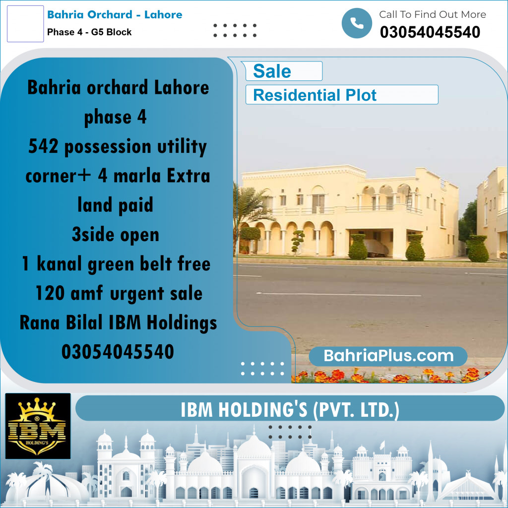14 Marla Residential Plot for Sale in Phase 4 - G5 Block -  Bahria Orchard, Lahore - (BP-304174)