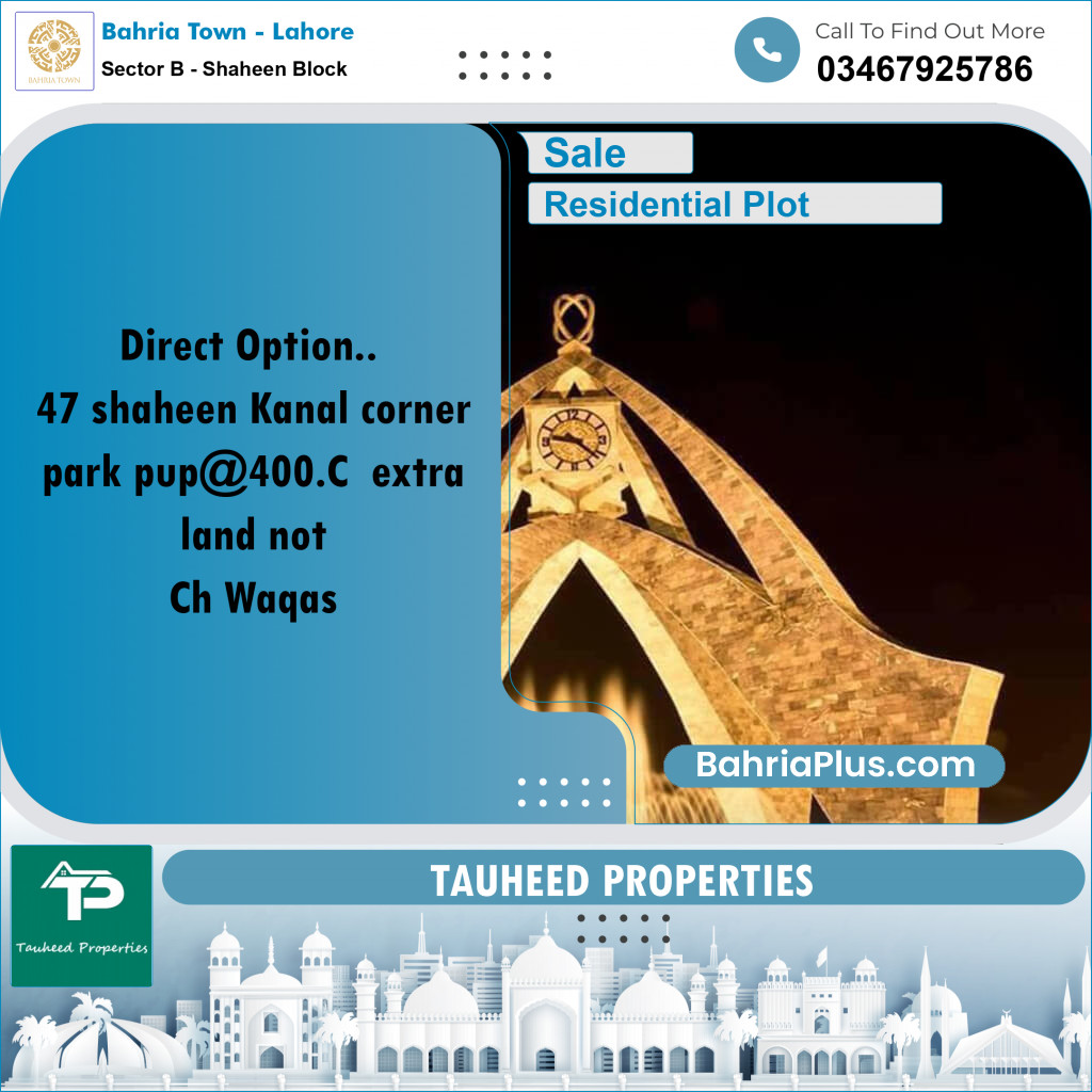 1 Kanal Residential Plot for Sale in Sector B - Shaheen Block -  Bahria Town, Lahore - (BP-304264)