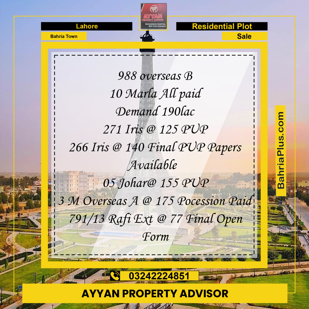 10 Marla Residential Plot for Sale in Bahria Town, Lahore - (BP-304283)