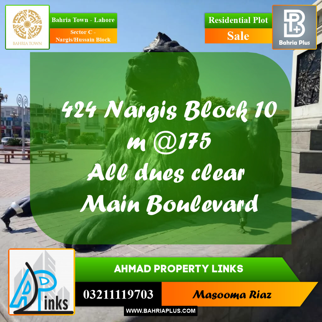 10 Marla Residential Plot for Sale in Sector C - Nargis/Hussain Block -  Bahria Town, Lahore - (BP-304331)