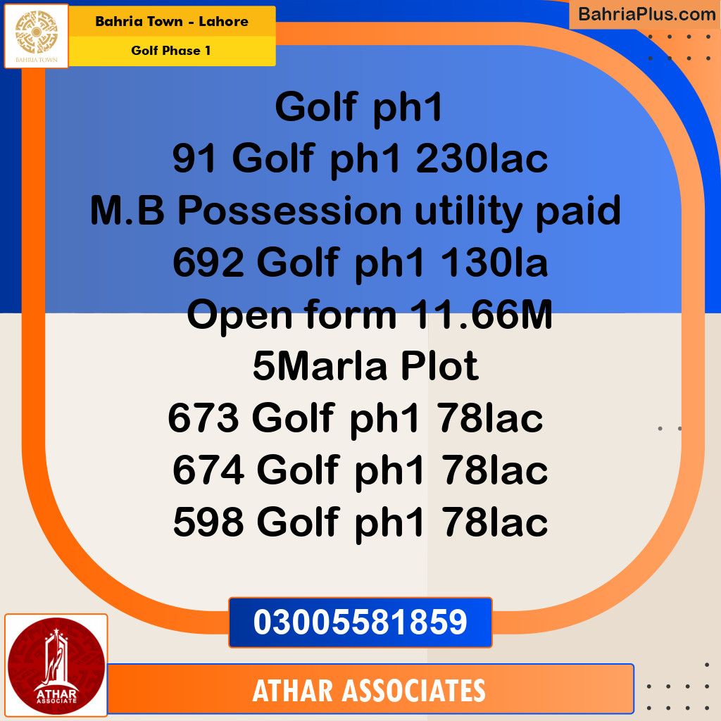 20 Marla Residential Plot for Sale in Golf Phase 1 -  Bahria Town, Lahore - (BP-304353)