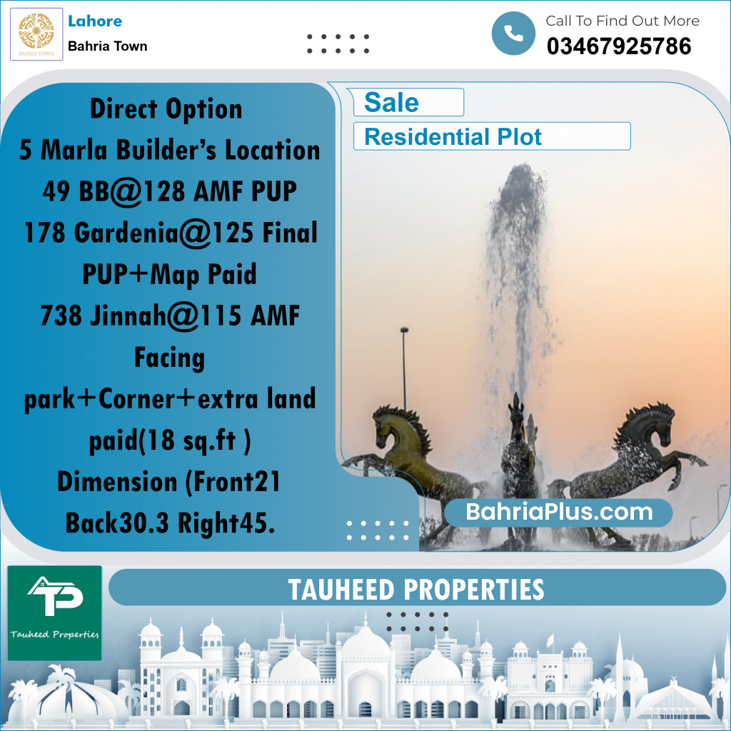 5 Marla Residential Plot for Sale in Bahria Town, Lahore - (BP-304369)