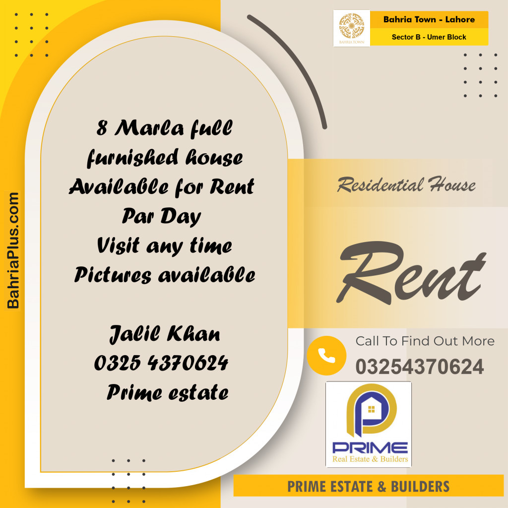 8 Marla Residential House for Rent in Sector B - Umer Block -  Bahria Town, Lahore - (BP-304564)