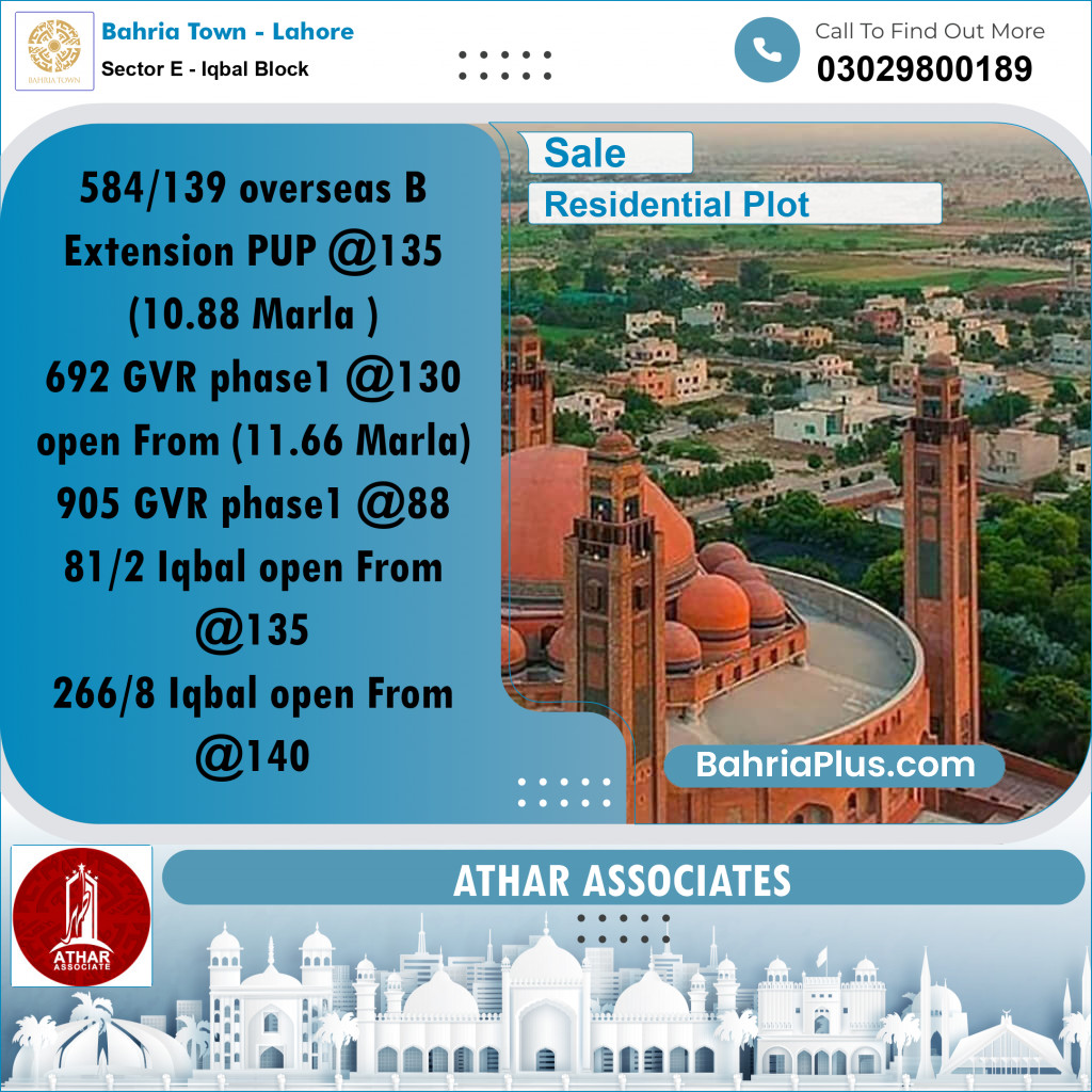 10 Marla Residential Plot for Sale in Sector E - Iqbal Block -  Bahria Town, Lahore - (BP-304627)