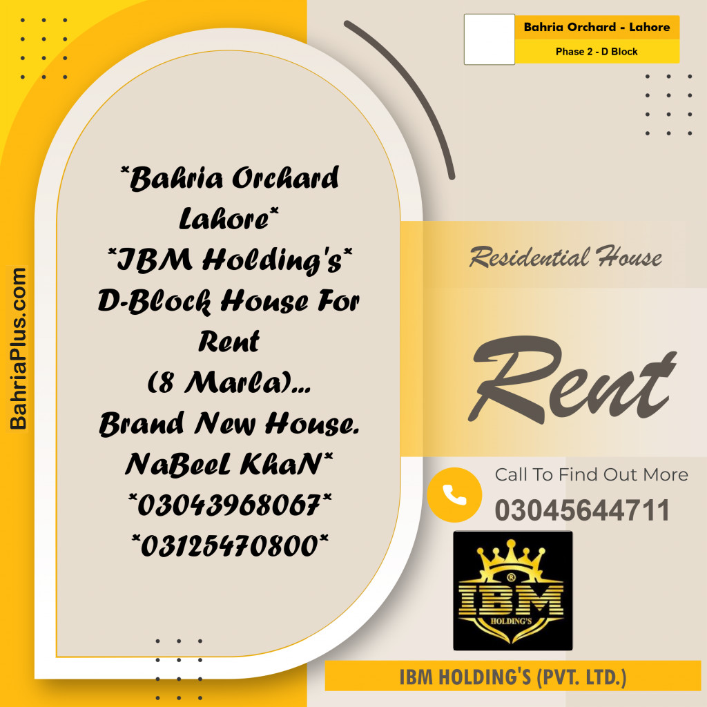 8 Marla Residential House for Rent in Phase 2 - D Block -  Bahria Orchard, Lahore - (BP-304701)