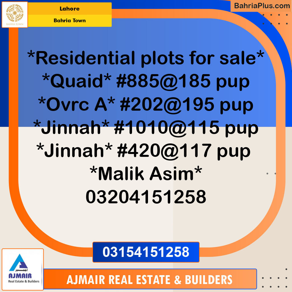 Residential Plot for Sale in Bahria Town, Lahore - (BP-304954)