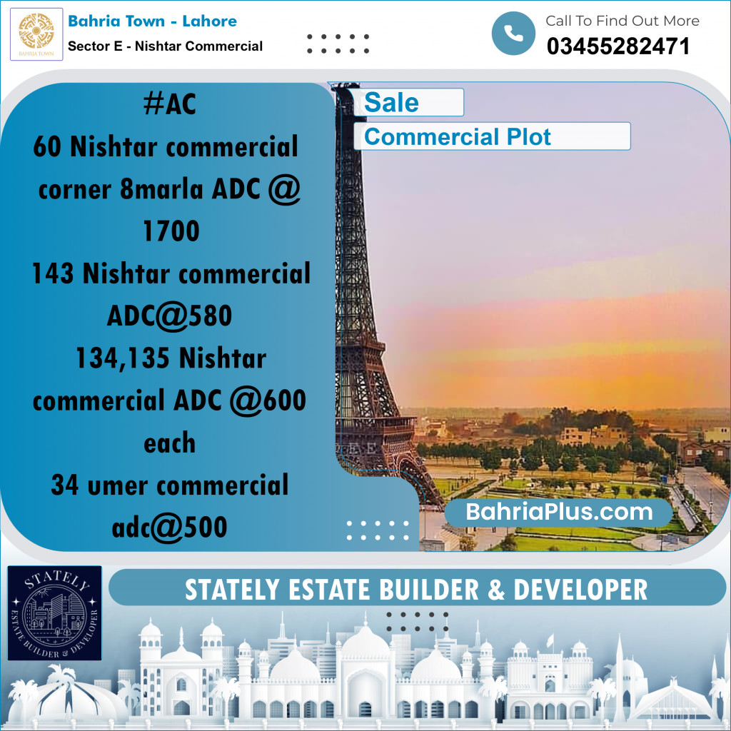 Commercial Plot for Sale in Sector E - Nishtar Commercial -  Bahria Town, Lahore - (BP-304994)