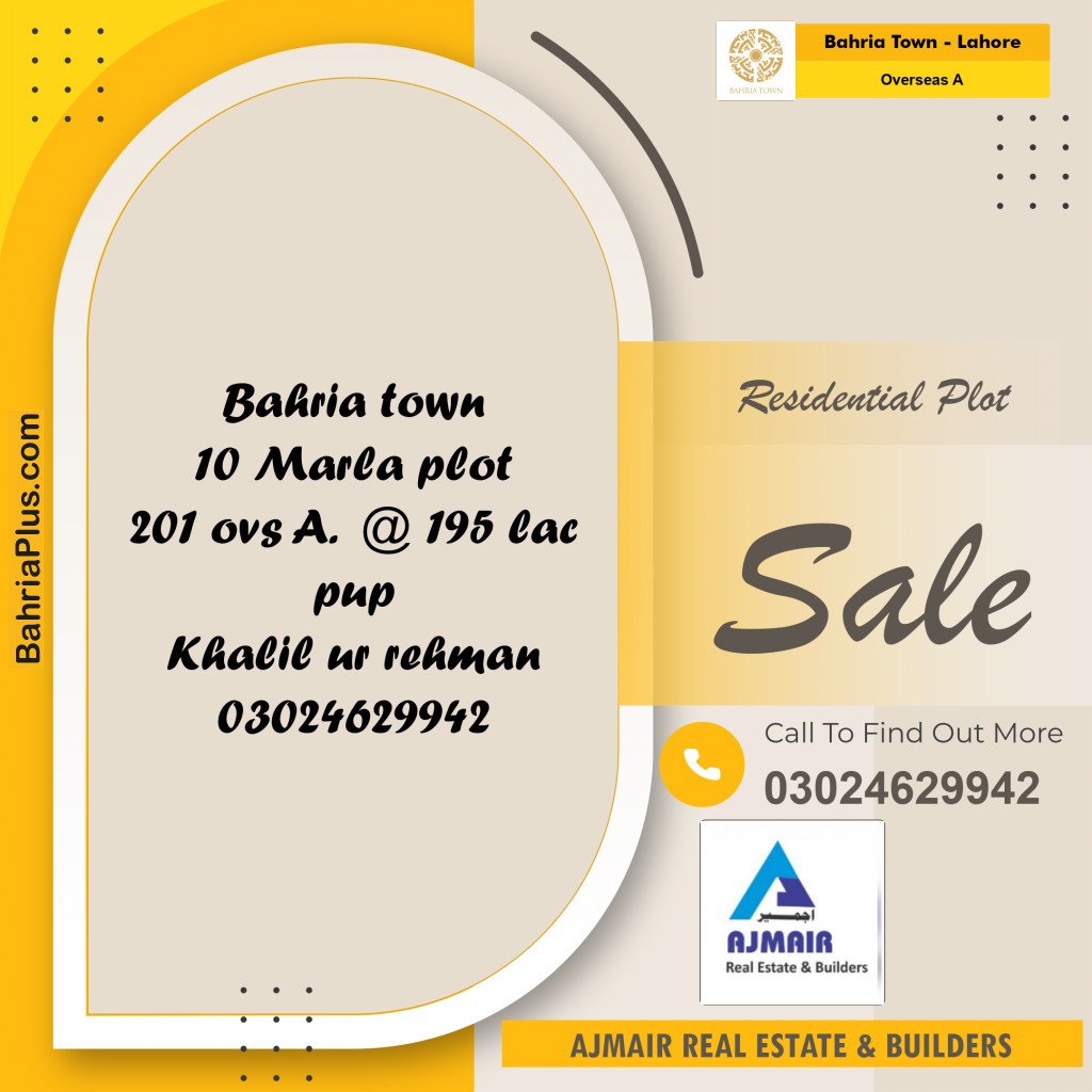 10 Marla Residential Plot for Sale in Overseas A -  Bahria Town, Lahore - (BP-305126)