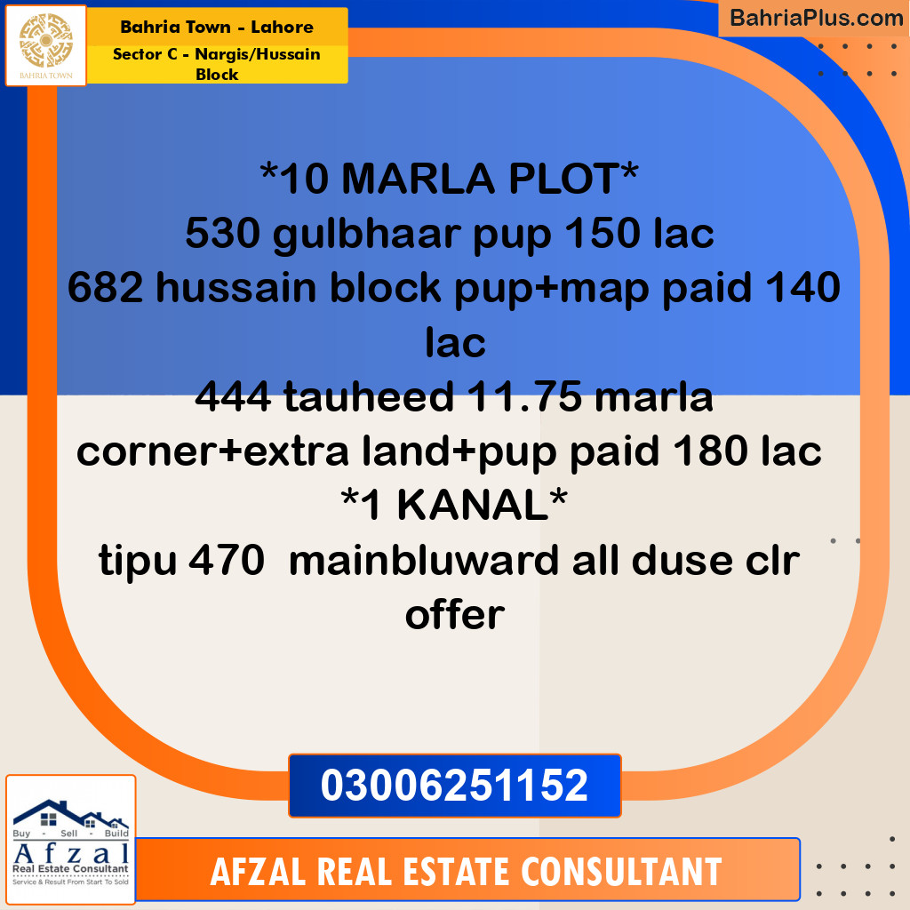10 Marla Residential Plot for Sale in Sector C - Nargis/Hussain Block -  Bahria Town, Lahore - (BP-305137)