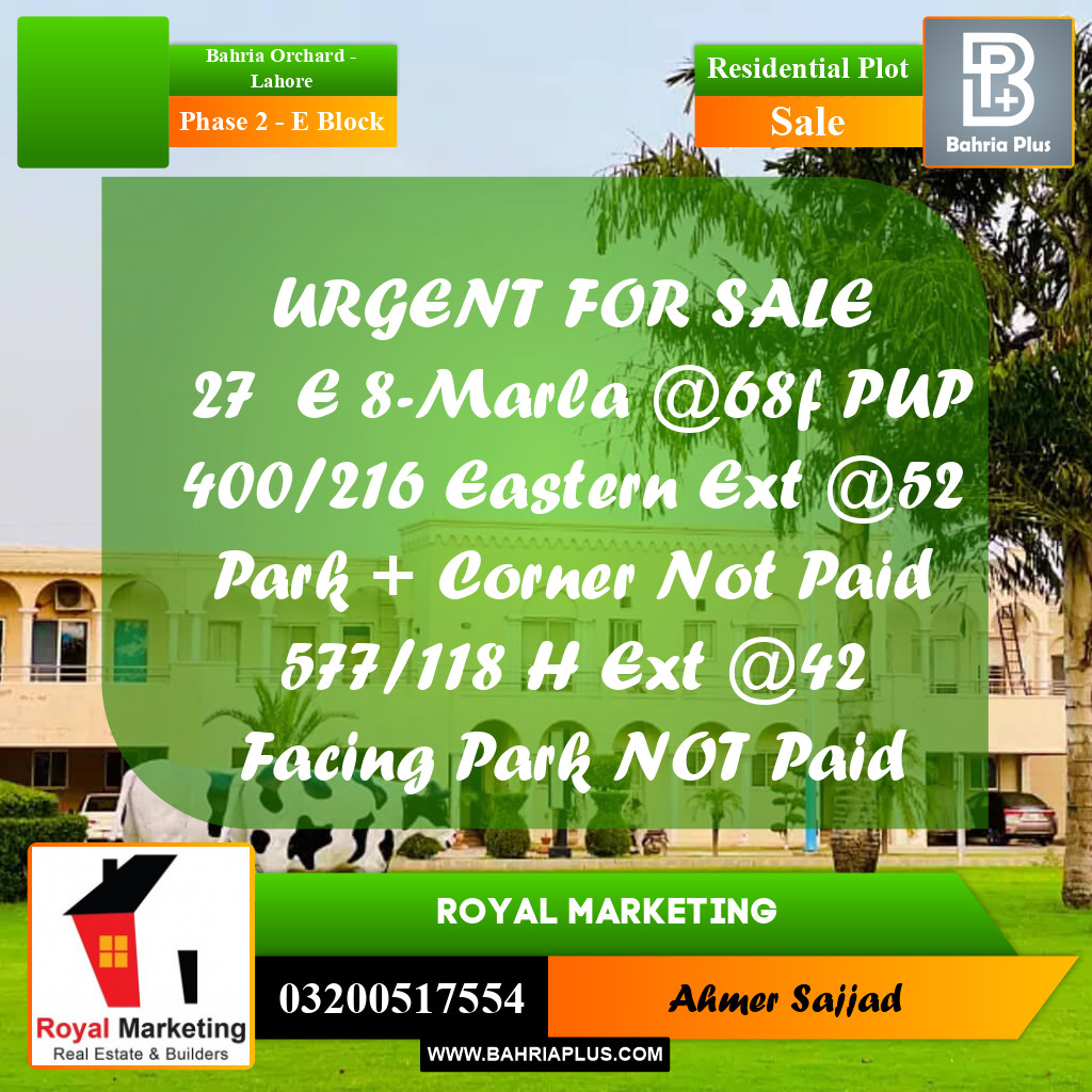 8 Marla Residential Plot for Sale in Phase 2 - E Block -  Bahria Orchard, Lahore - (BP-305330)