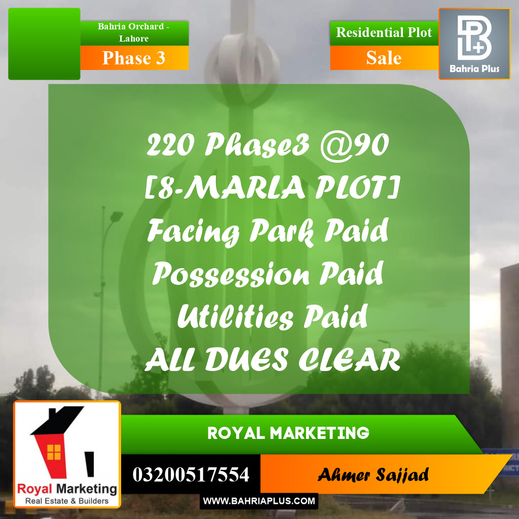 8 Marla Residential Plot for Sale in Phase 3 -  Bahria Orchard, Lahore - (BP-305370)