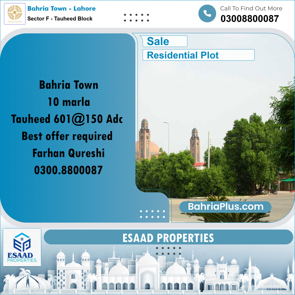 10 Marla Residential Plot for Sale in Sector F - Tauheed Block -  Bahria Town, Lahore - (BP-305454)