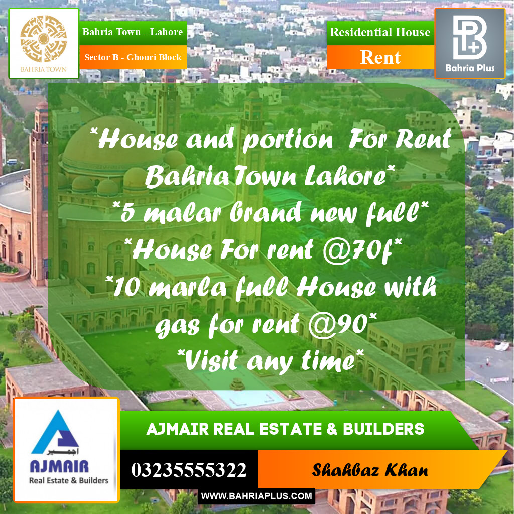 5 Marla Residential House for Rent in Sector B - Ghouri Block -  Bahria Town, Lahore - (BP-305546)