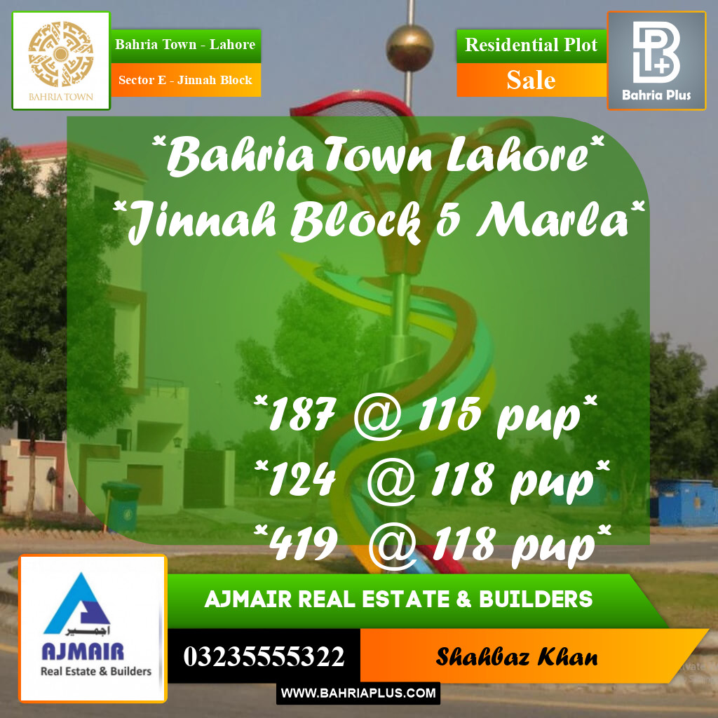5 Marla Residential Plot for Sale in Sector E - Jinnah Block -  Bahria Town, Lahore - (BP-305602)