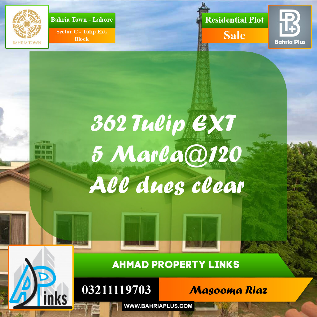 5 Marla Residential Plot for Sale in Sector C - Tulip Ext. Block -  Bahria Town, Lahore - (BP-305717)