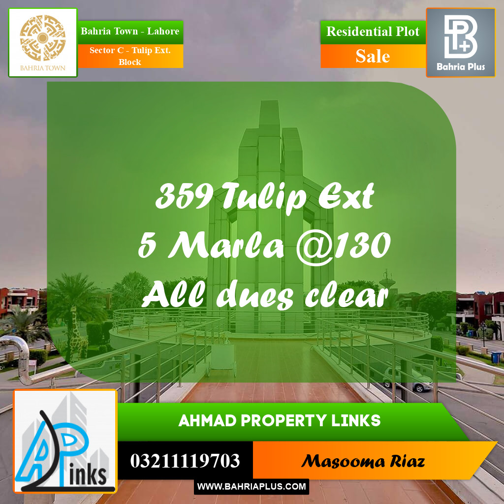 5 Marla Residential Plot for Sale in Sector C - Tulip Ext. Block -  Bahria Town, Lahore - (BP-305720)
