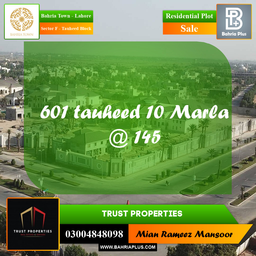 10 Marla Residential Plot for Sale in Sector F - Tauheed Block -  Bahria Town, Lahore - (BP-305730)