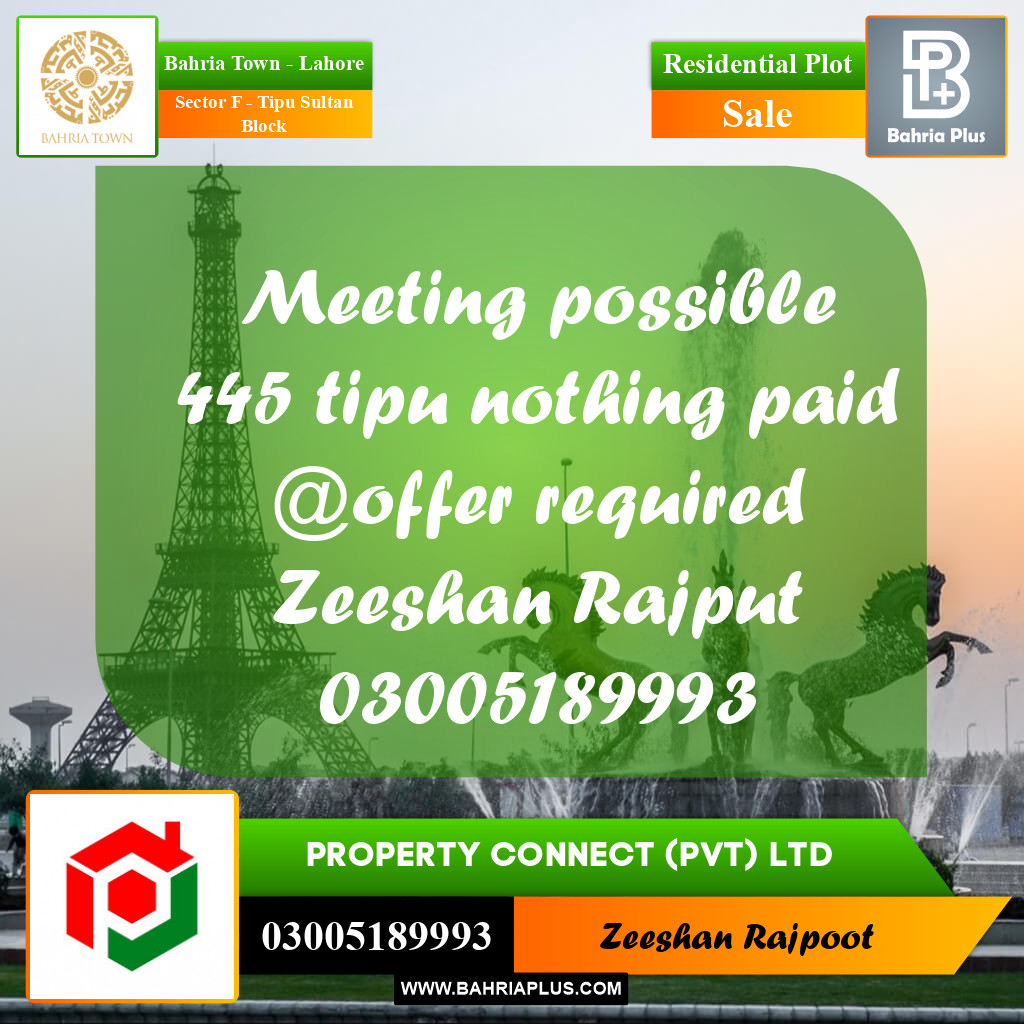 Residential Plot for Sale in Sector F - Tipu Sultan Block -  Bahria Town, Lahore - (BP-305802)