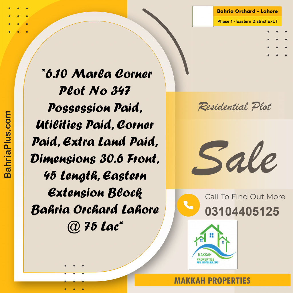 1373 Sq. Ft. Residential Plot for Sale in Phase 1 - Eastern District Ext. I -  Bahria Orchard, Lahore - (BP-305870)
