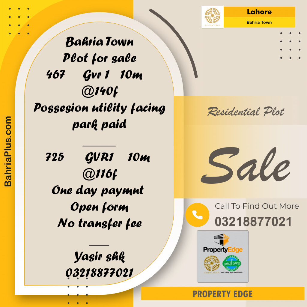 Residential Plot for Sale in Bahria Town, Lahore - (BP-305923)