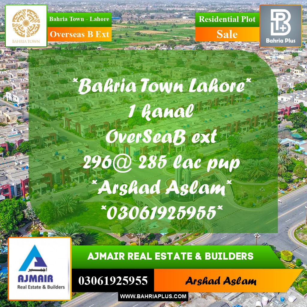 Residential Plot for Sale in Overseas B Ext -  Bahria Town, Lahore - (BP-305940)
