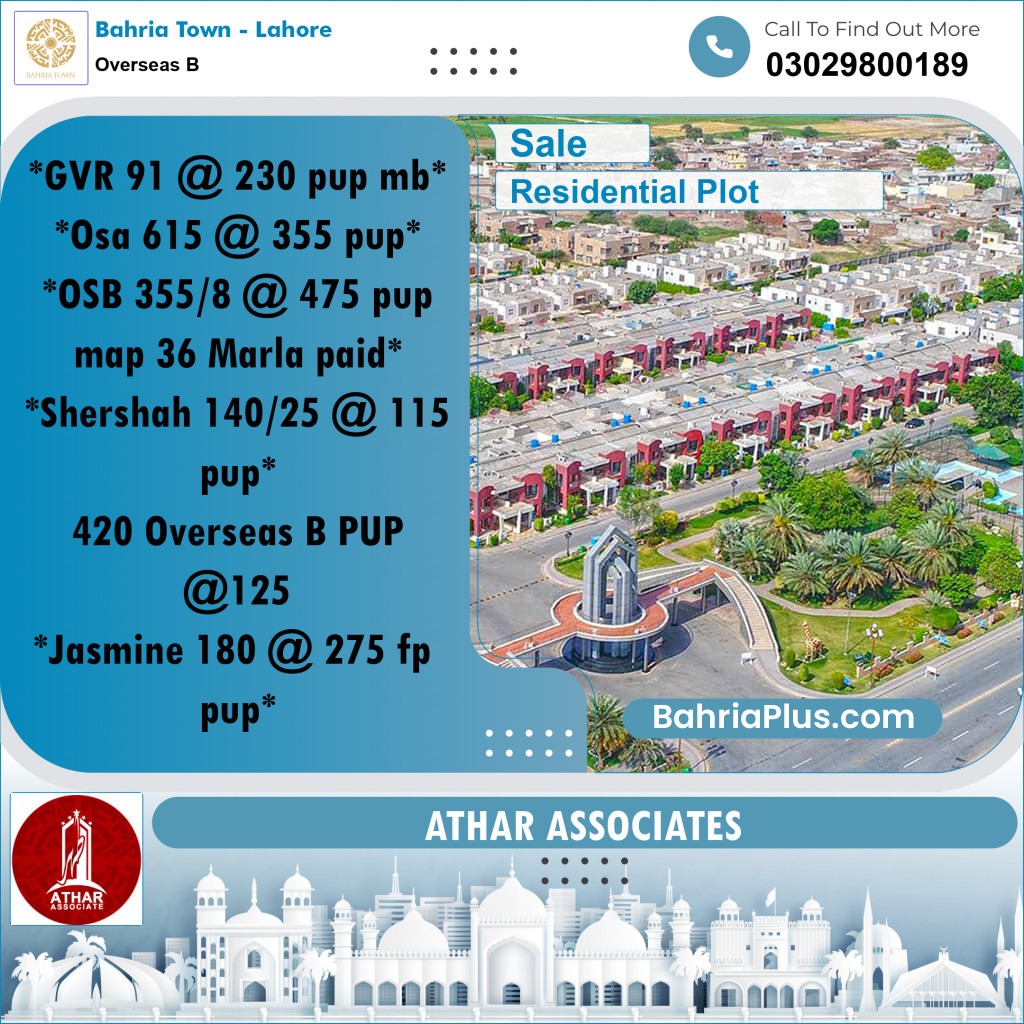10 Marla Residential Plot for Sale in Overseas B -  Bahria Town, Lahore - (BP-305960)