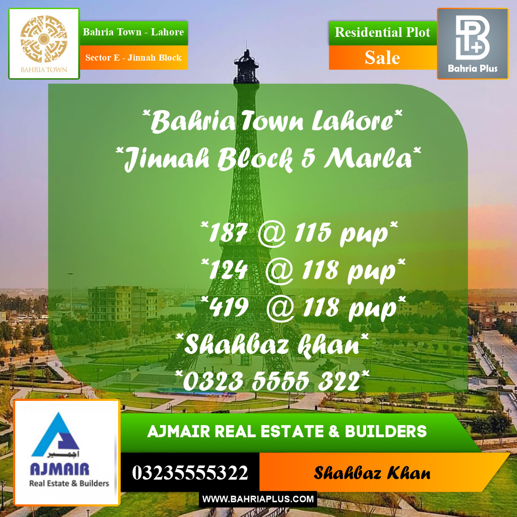 5 Marla Residential Plot for Sale in Sector E - Jinnah Block -  Bahria Town, Lahore - (BP-305970)