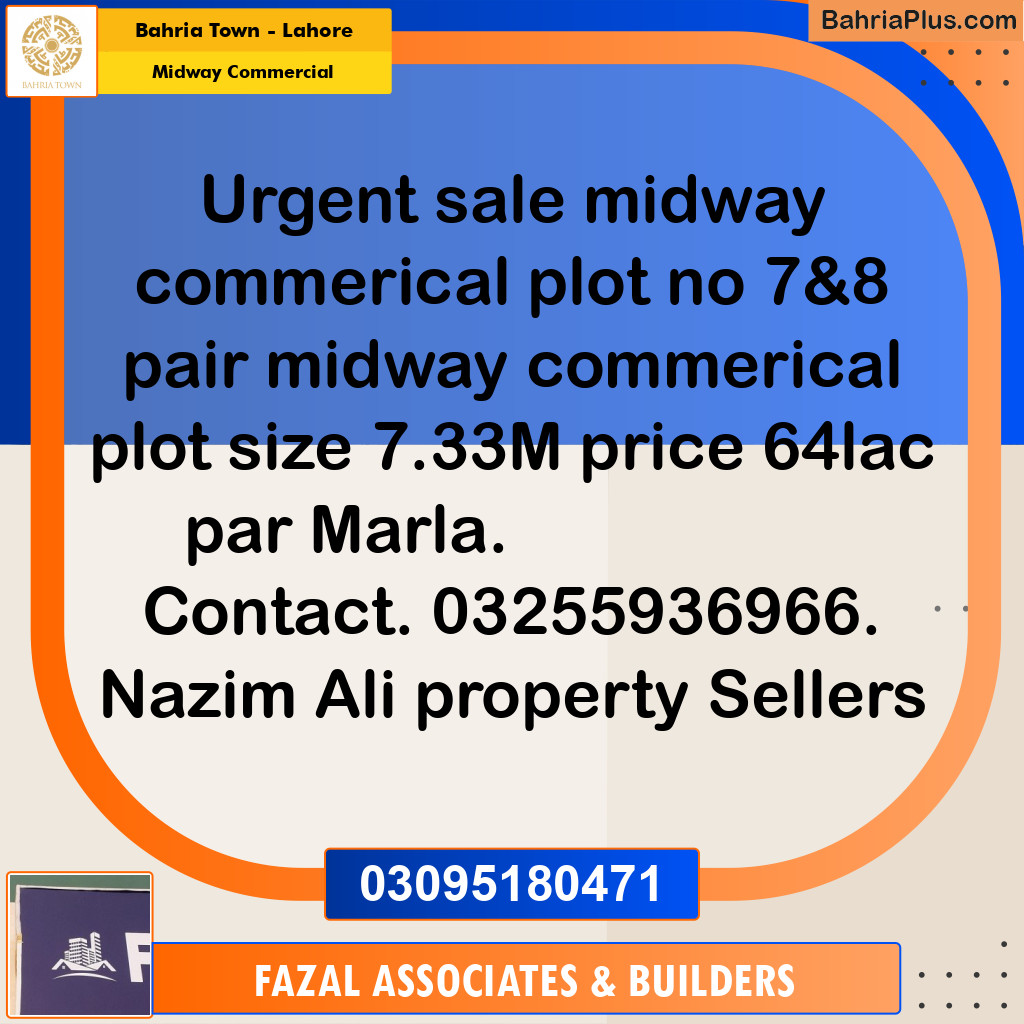 7.33 Marla Commercial Plot for Sale in Midway Commercial -  Bahria Town, Lahore - (BP-306034)