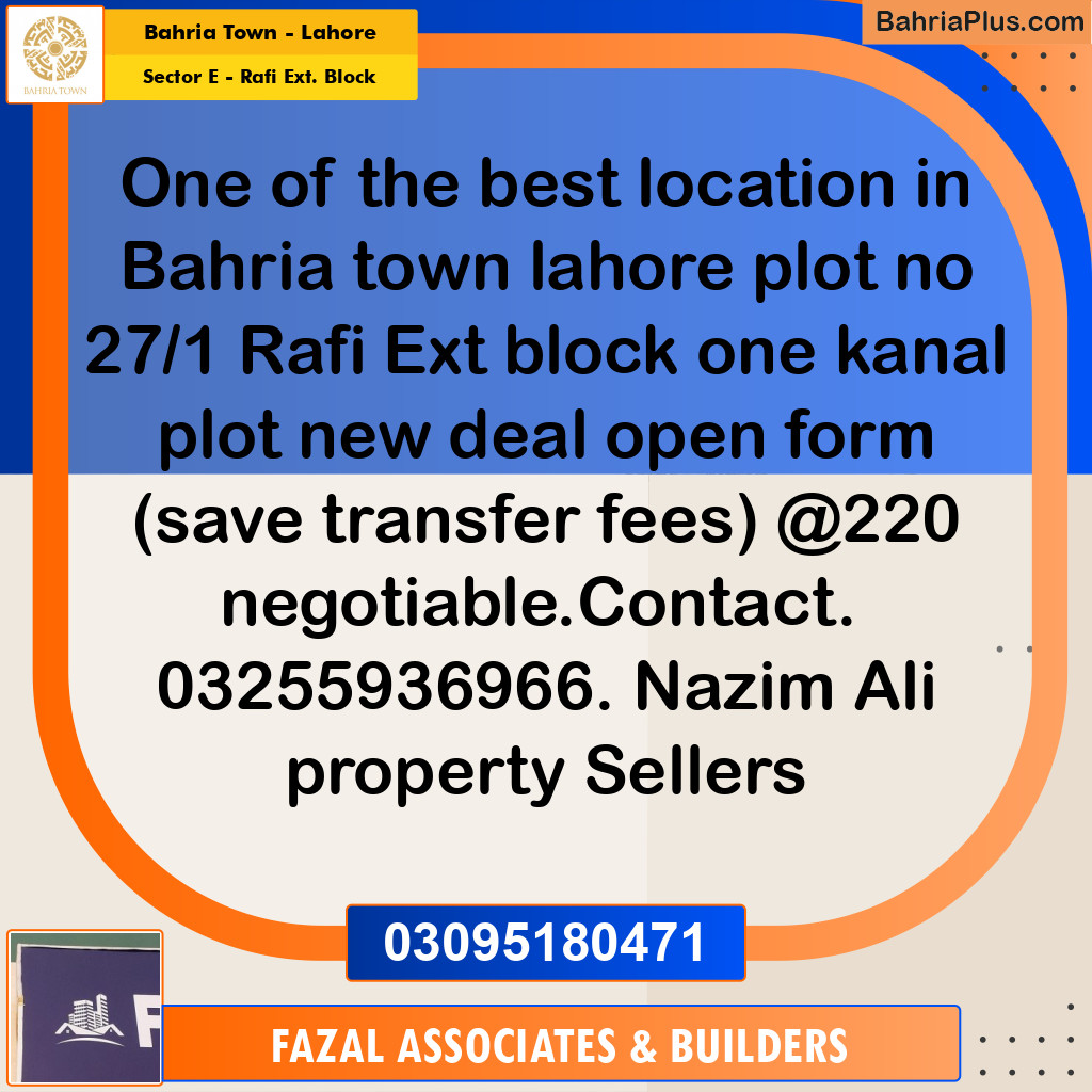 1 Kanal Residential Plot for Sale in Sector E - Rafi Ext. Block -  Bahria Town, Lahore - (BP-306053)