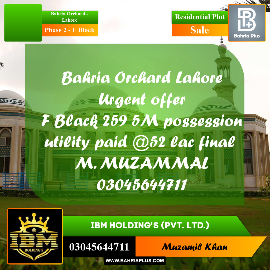 5 Marla Residential Plot for Sale in Phase 2 - F Block -  Bahria Orchard, Lahore - (BP-306185)