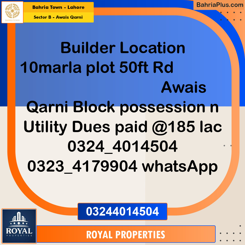 Residential Plot for Sale in Sector B - Awais Qarni -  Bahria Town, Lahore - (BP-306245)