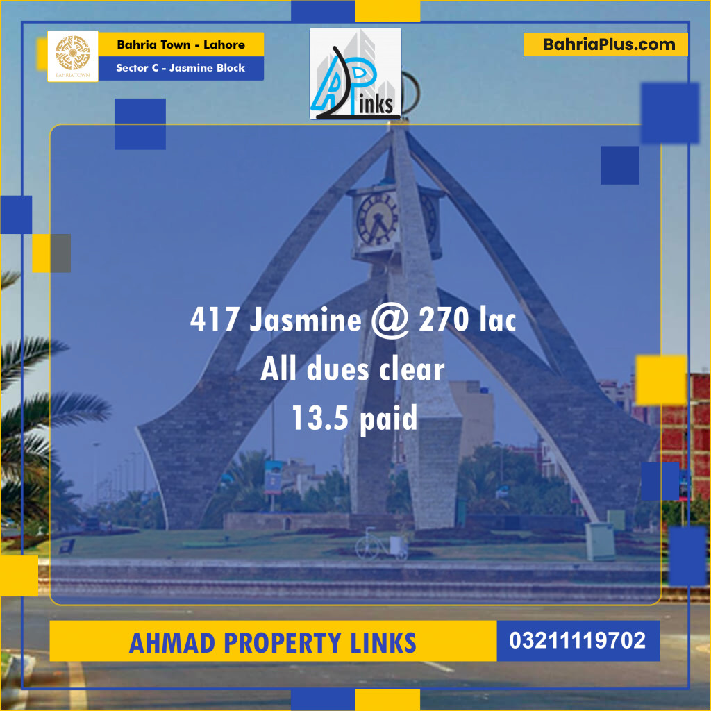 10 Marla Residential Plot for Sale in Sector C - Jasmine Block -  Bahria Town, Lahore - (BP-306276)