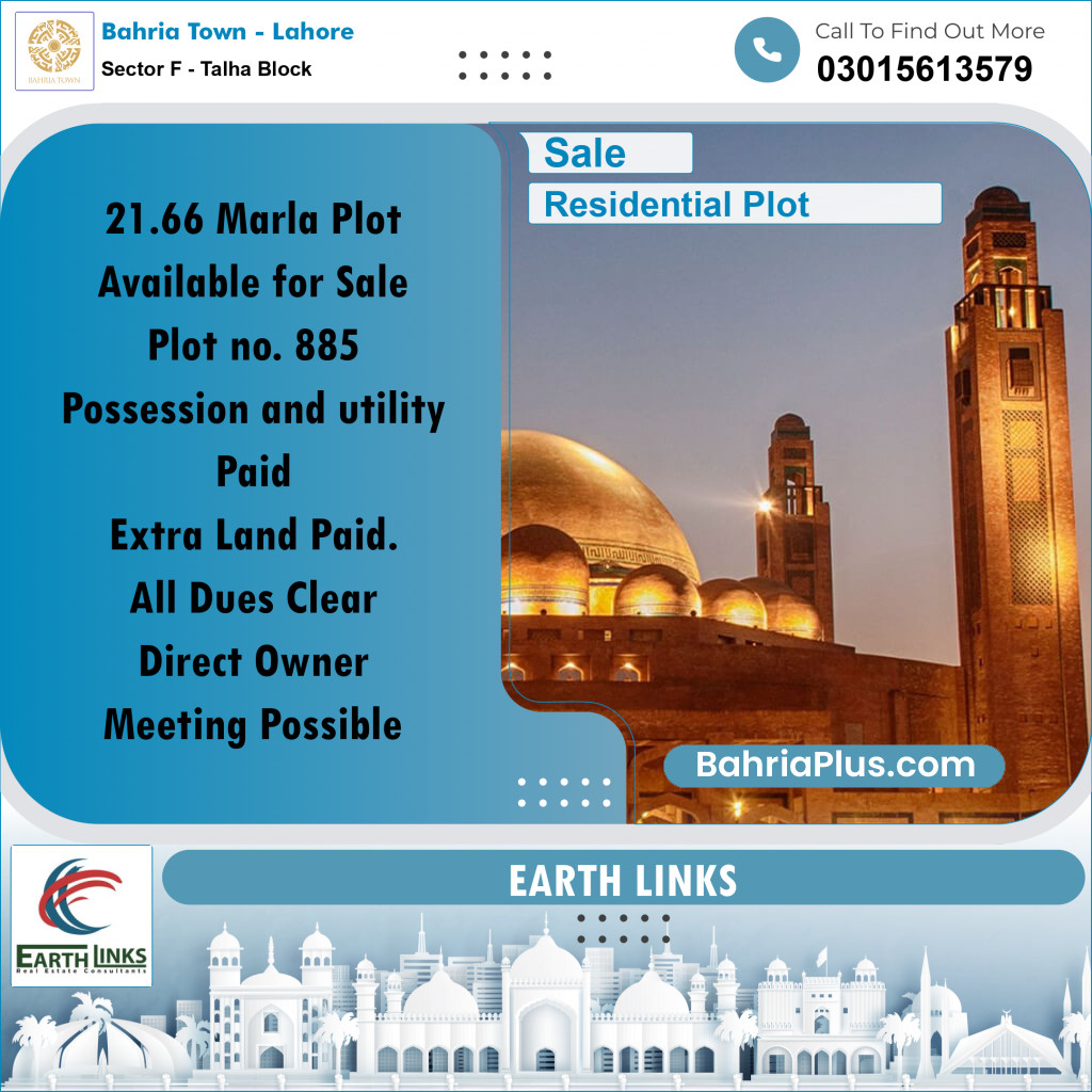 21.66 Marla Residential Plot for Sale in Sector F - Talha Block -  Bahria Town, Lahore - (BP-306331)