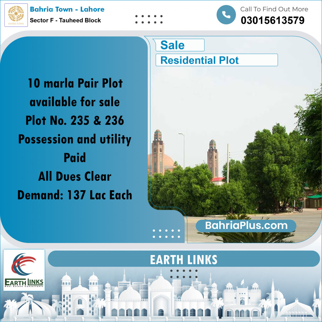 10 Marla Residential Plot for Sale in Sector F - Tauheed Block -  Bahria Town, Lahore - (BP-306337)