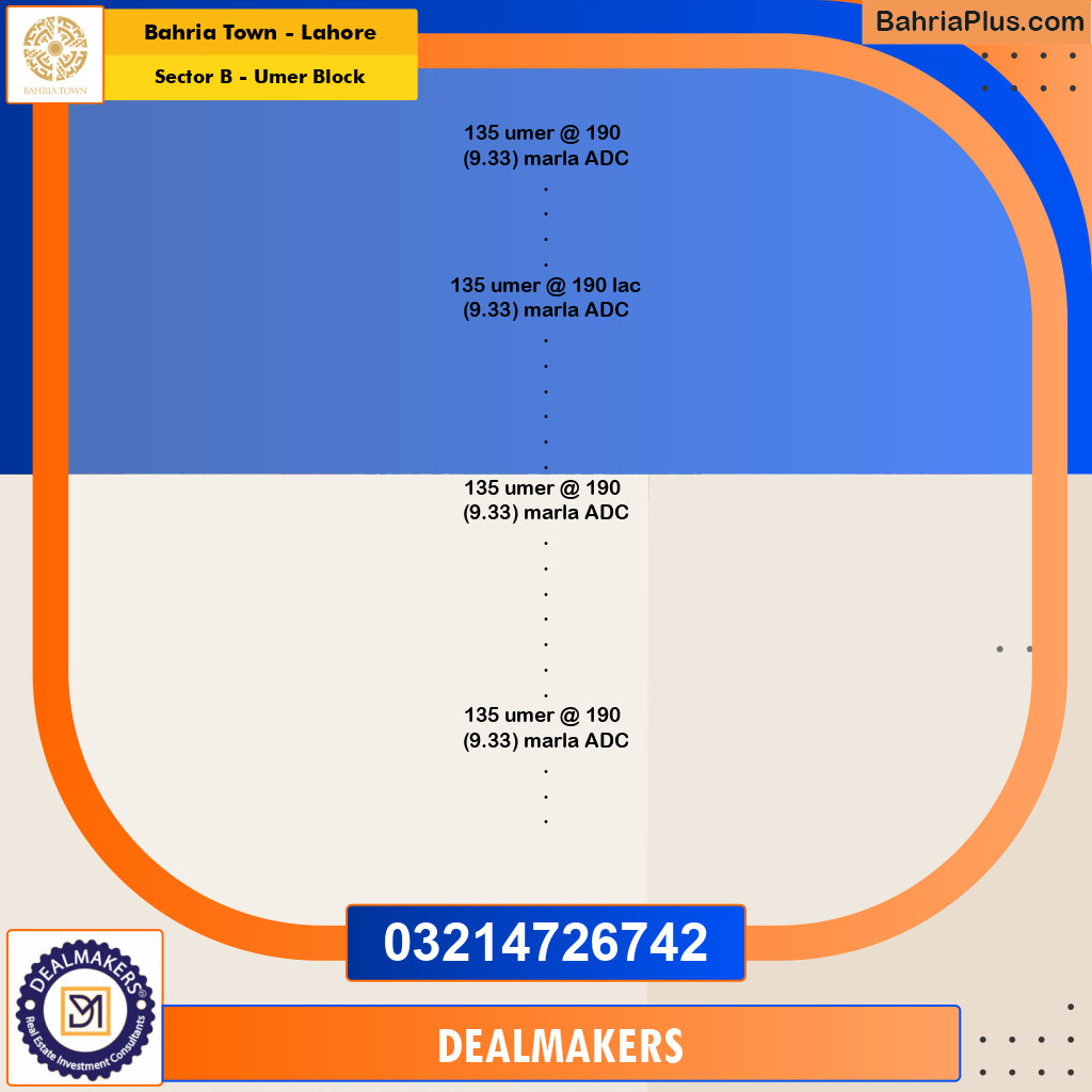 9.33 Marla Residential Plot for Sale in Sector B - Umer Block -  Bahria Town, Lahore - (BP-306448)