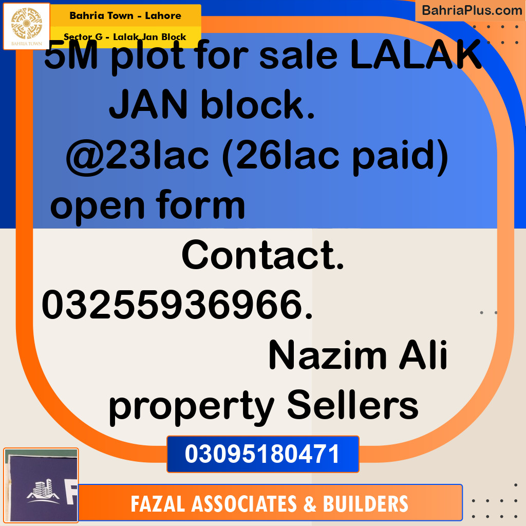 5 Marla Residential Plot for Sale in Sector G - Lalak Jan Block -  Bahria Town, Lahore - (BP-306493)