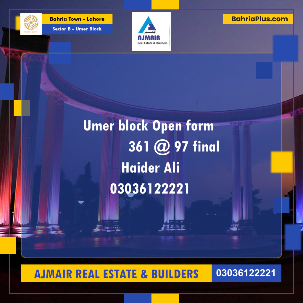 Residential Plot for Sale in Sector B - Umer Block -  Bahria Town, Lahore - (BP-306639)