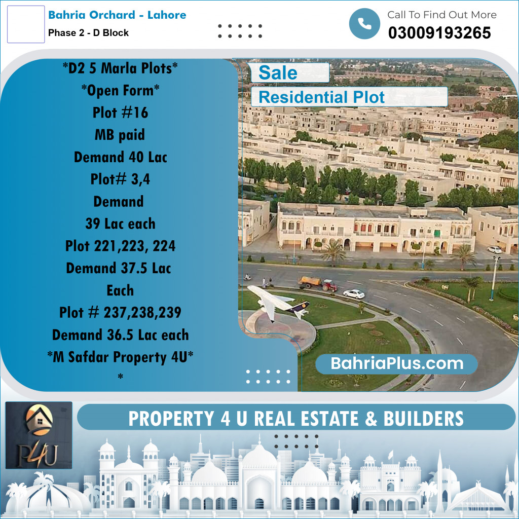 5 Marla Residential Plot for Sale in Phase 2 - D Block -  Bahria Orchard, Lahore - (BP-306688)