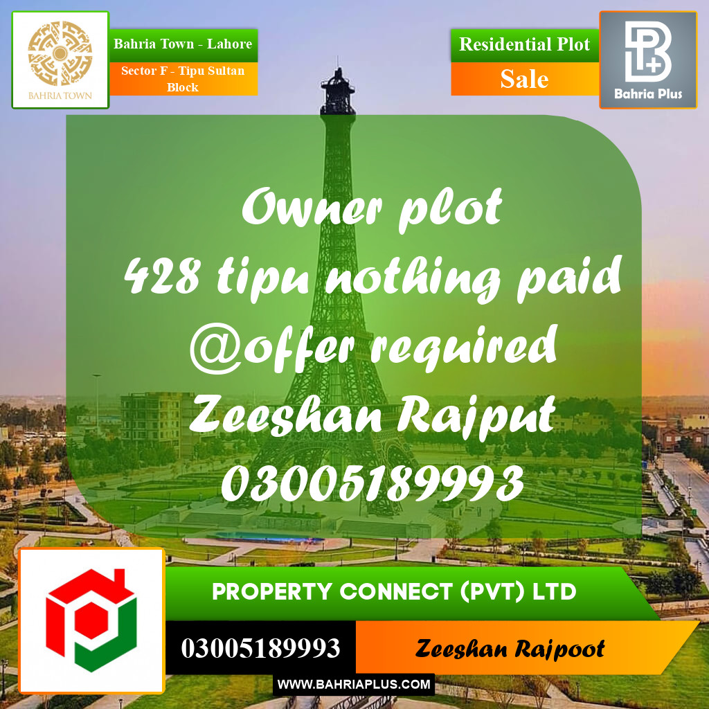 Residential Plot for Sale in Sector F - Tipu Sultan Block -  Bahria Town, Lahore - (BP-306755)